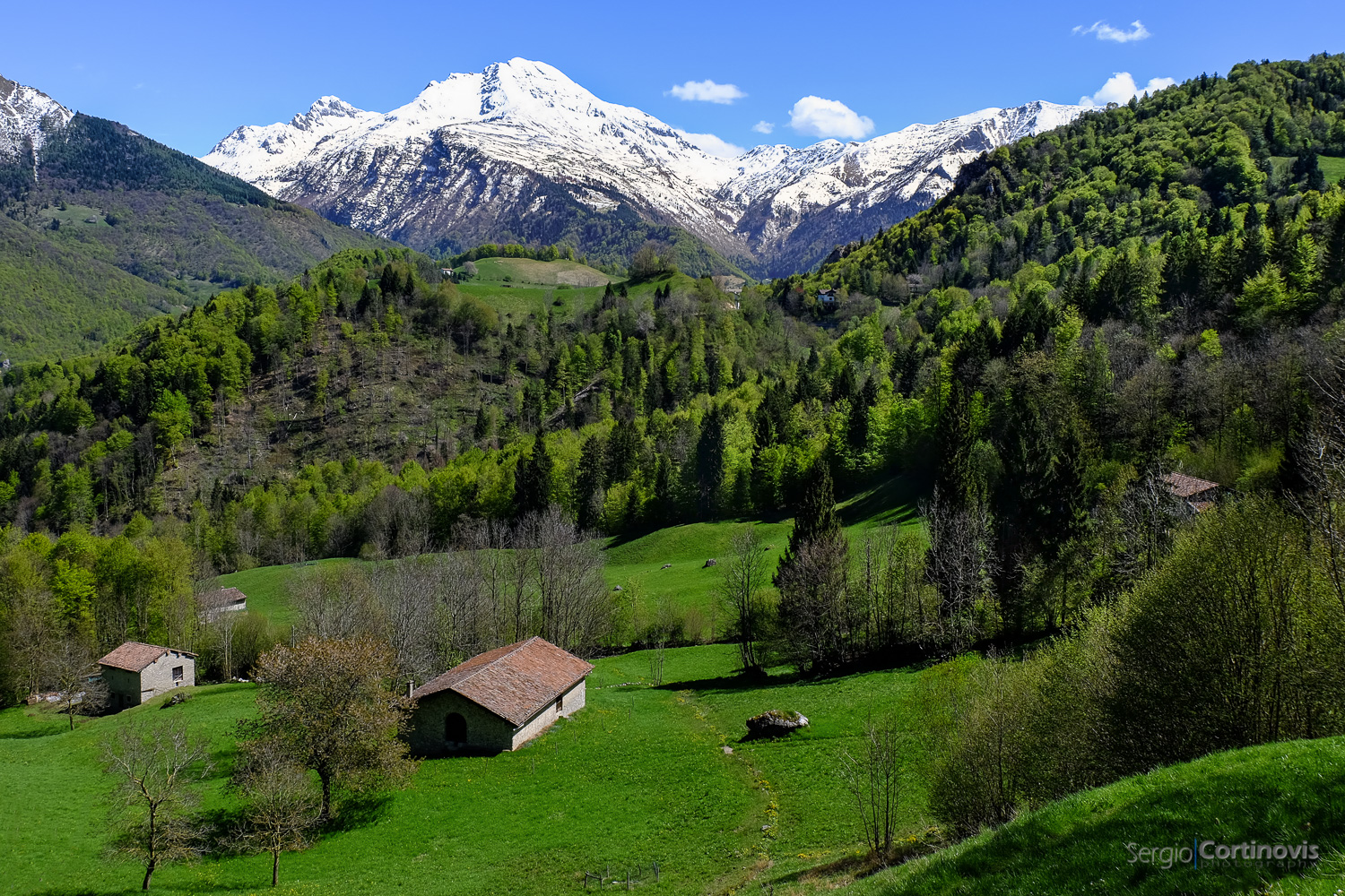 Il monte Arera, imbiancato dalla neve di San Gottardo, svetta sulla valle tra Serina e Oltre il Colle (Valpiana) verde splendente per la primavera ormai in completo svolgimento